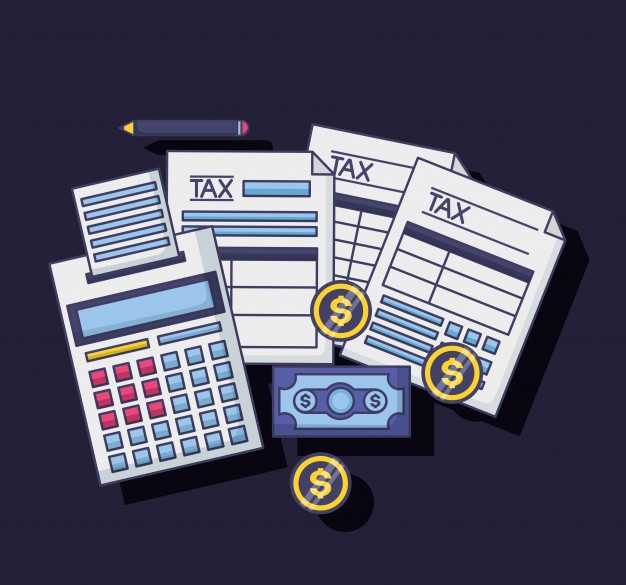 Crime de sonegação fiscal: Calculadora com vários papeis de impostos e taxas