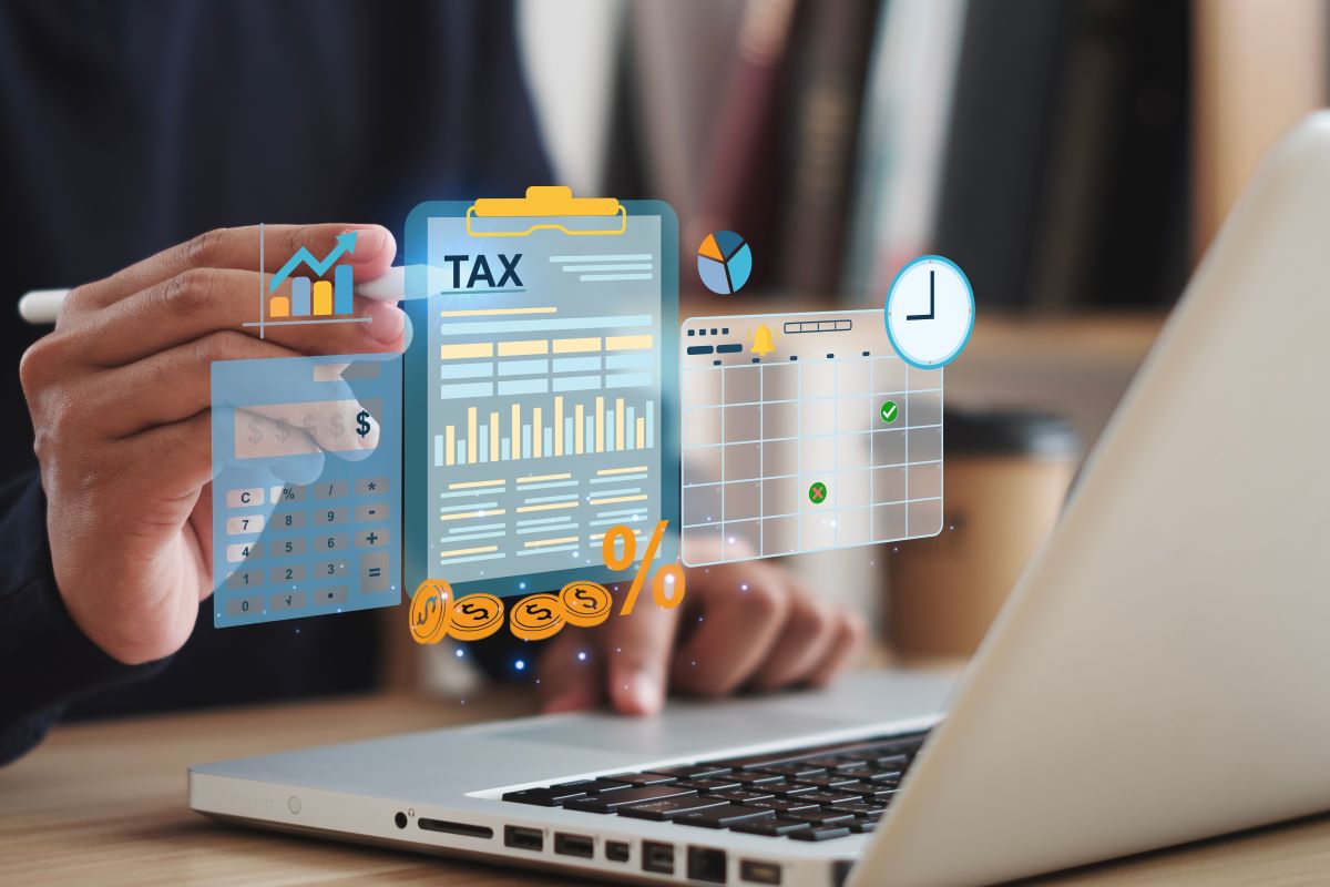 Desenhos representando taxas a frente de um computador representando o post sobre como calcular impostos de produtos